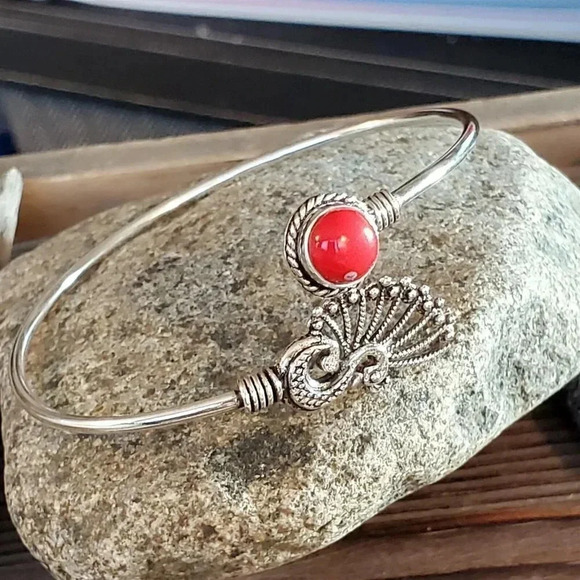 Handcrafted Red Coral Gemstone Peacock Sterling Silver Overlay Cuff Bracelet #O - Picture 2 of 7